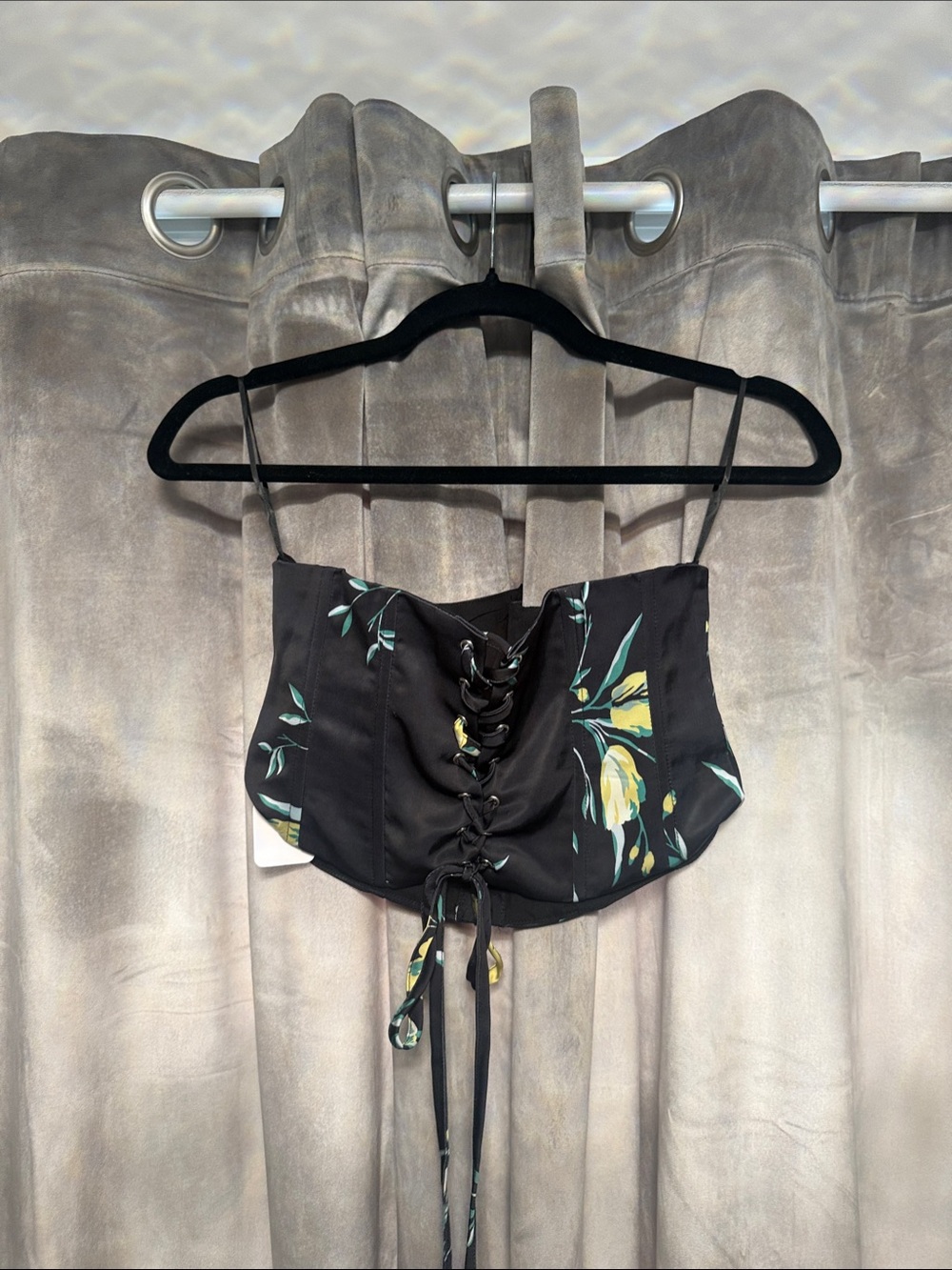 Floral Lace-Up Corset Crop Top - Black with Yellow Floral